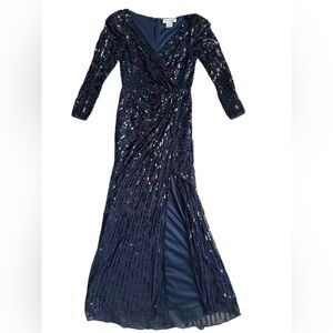 MAC DUGGAL | Navy Sequined Long Sleeve Gown